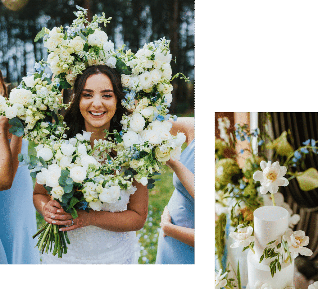 Smiling bride holding a large white and green wedding bouquet with bridesmaids in pale blue dresses, next to elegant white wedding cake decorated with matching flowers – Yorkshire wedding florist styling.